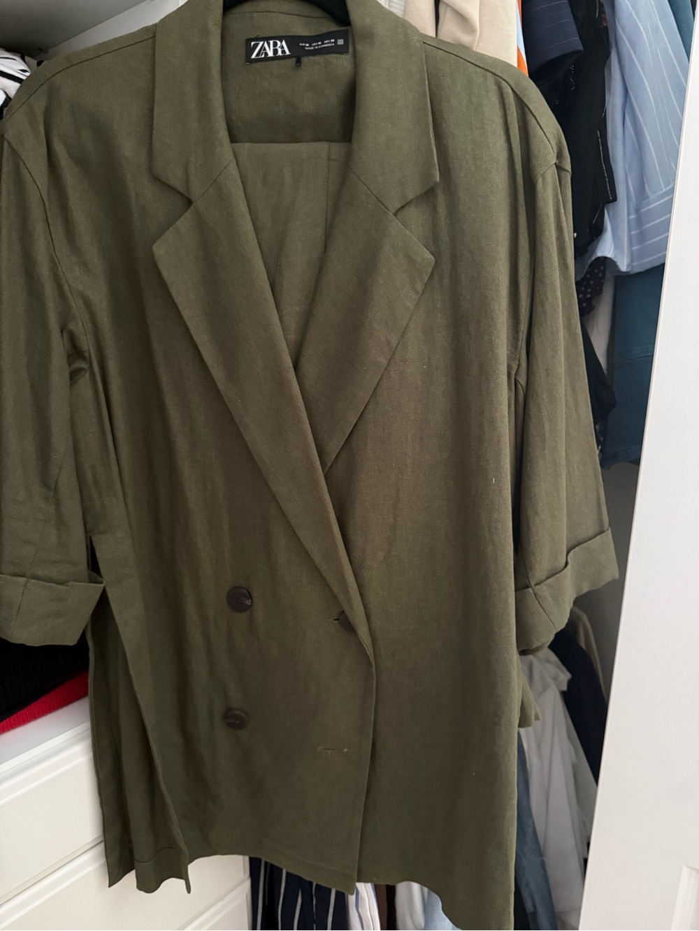 Zara Olive Blazer Double-Breasted Linen-Blend blazer w/ 3/4” sleeve lightweight